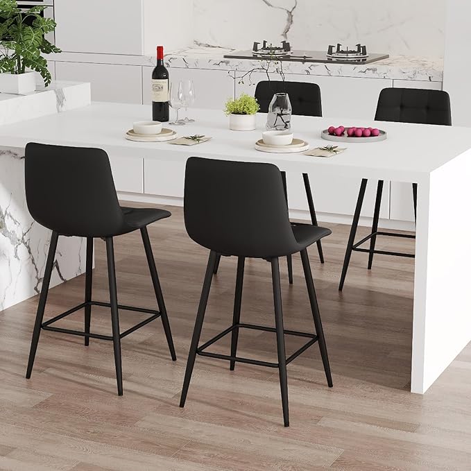 Black Barstools Set of 4, 24.4" Counter Height Bar Stools with Back & Metal Footrest, Modern Island Chairs Set of 4 for Kitchens Island Home Bar
