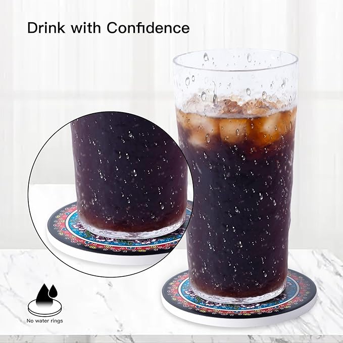 Coasters Absorbent Ceramic Coaster Drink Coasters with Cork Back Turkish Mandala Pattern Set of 6 Round Coaster Non Slip for Coffee Table Wine Glass Home Bar 4 Inch, Colorful