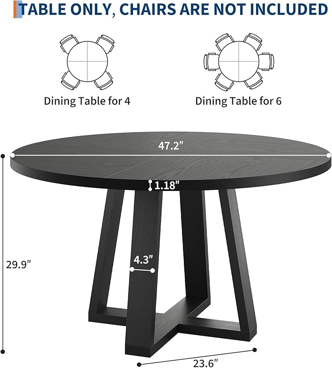 GAOMON Round Dining Table for 4-6, 47" Circle Dining Room Table with Sturdy Cross Base, Farmhouse Wood Dinner Table for Apartment Kitchen Living Room, Black (Table Only)