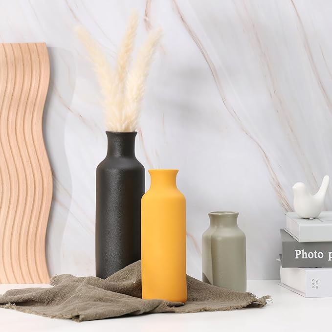 Ceramic Vases Set of 3, Farmhouse Decor Flower Vase for Centerpiece Table Decorations, Boho Decor Vases, Rustic vase in Various Sizes for Living Room,Fireplace, Shelves