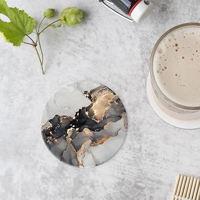 Ceramic Drink Coasters Set of 4 with Holder Round Water Absorbent Grey Gold Fashion Marble Coasters Tabletop Protection (Cork Base),Suitable for Various Mugs,Home Decor,4 Inch