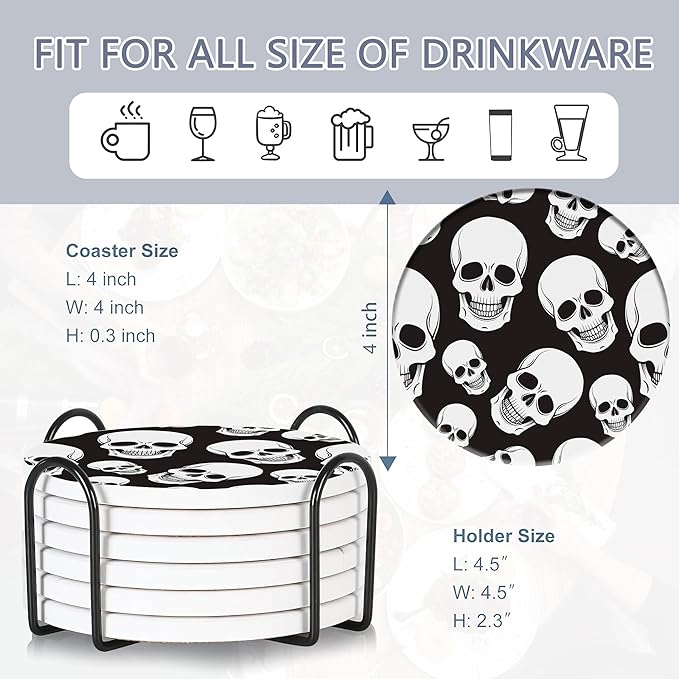Coaster for Drinks Set of 6, Skeleton Skull Absorbing Round Ceramic Stone Coaster with Cork Base,Tabletop Protection Mat for Mugs and Cups,Coffee Table Wine Glass Home Bar 4 Inch