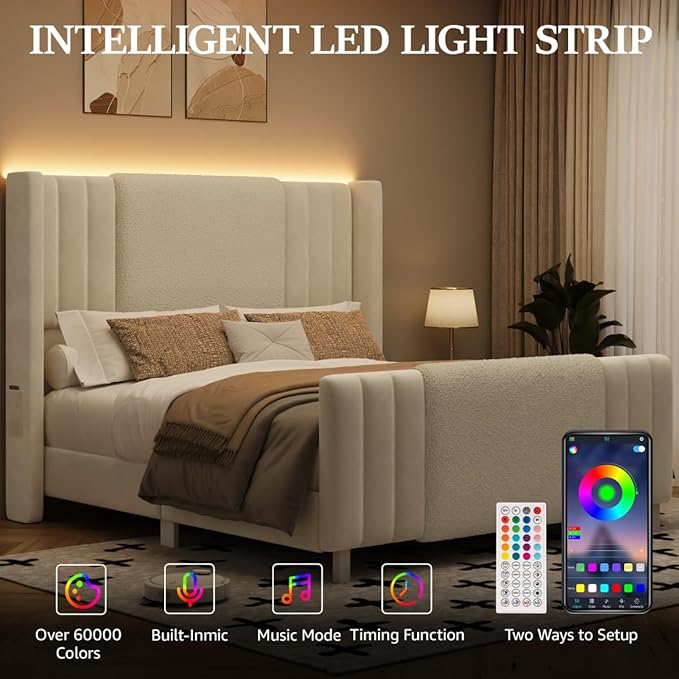 Queen Size Bed Frame with Tall Headboard and Footboard, Boucle and Velvet Upholstered Bed Frame Queen with LED Lights, Modern Platform Bed Frames, Noiseless, Easy Assembly, White