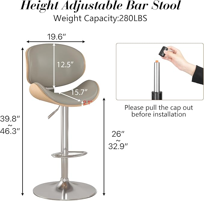 KCC Bar Stools Set of 6, Swivel Adjustable Height Barstools, PU Leather Upholstered Bar Chairs with Footrest, Bentwood Bar Stool for Kitchen, Bar, Dining Room(Grey PU)