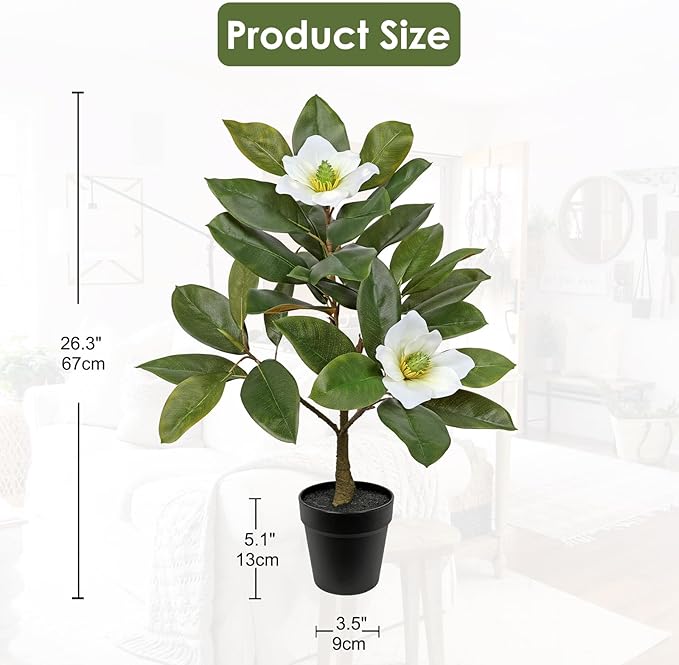 Briful Artificial Magnolia Flower Tree in Black Pot – 26.3in Tall Faux Magnolia Plant with Realistic White Blooms Fake Potted Silk Floral Tree for Home Office Room Kitchen Outdoor Porch Décor