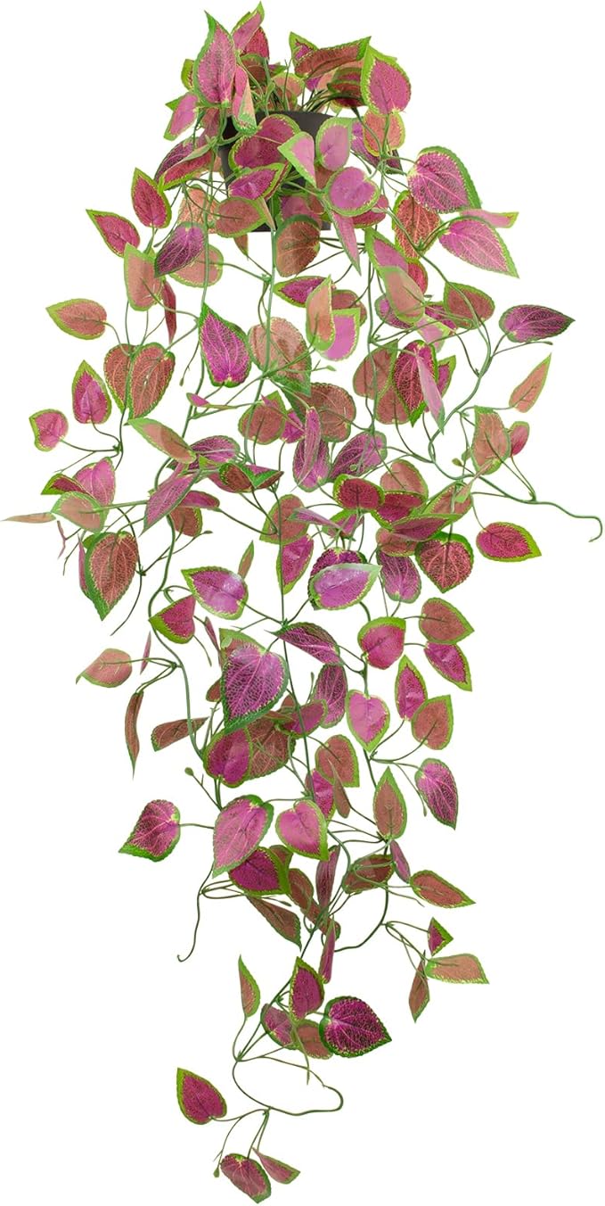 LOYWREE Artificial Purple Ivy Hanging Vine Plants - Small Potted Long Trailing Cascading Foliage, Gothic Home Decor for Indoor/Outdoor, Office, Garden & Shelf (Black Pot Included)