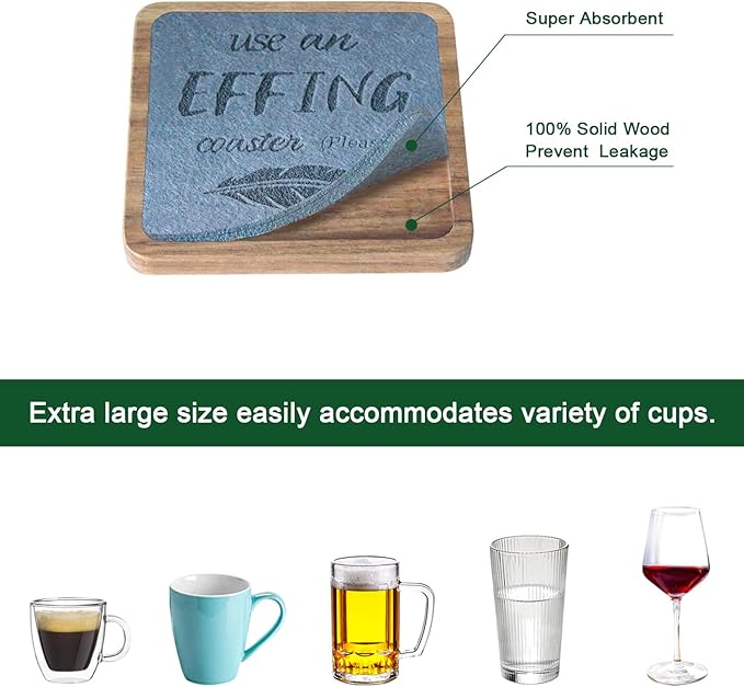 Wooden Coasters for Drinks, EDEGG Absorbent Coaster Sets of 5, Square Drinks Coasters for Coffee Tabletop Protection, Non-Slip, Non-Stick, Suitable for Kinds of Cups, Hot or Cold Drink 4.1 Inches Gray
