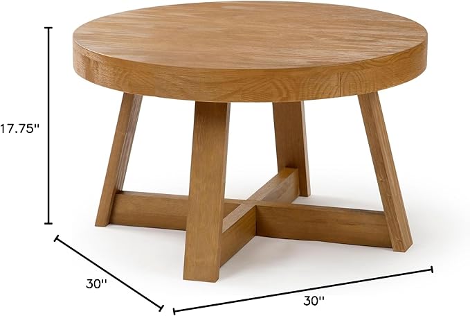 Plank+Beam Classic Round Coffee Table, 30 Inch Farmhouse Coffee Table, Rustic Mini Center Tables for Small Spaces, Small Living Space Tea Table, Pecan Wirebrush