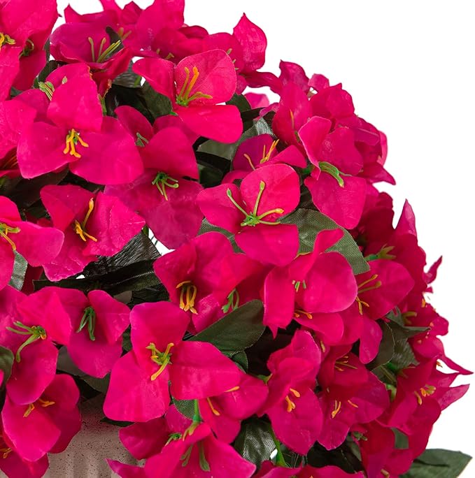 2 pcs Artificial Faux Bougainvillea Flowers Plants for Outdoor Outside Summer Decoration, Fake Silk UV Resistant Long Trailing Vines for Front Door Porch Planter Balcony (Purple Rose Red)