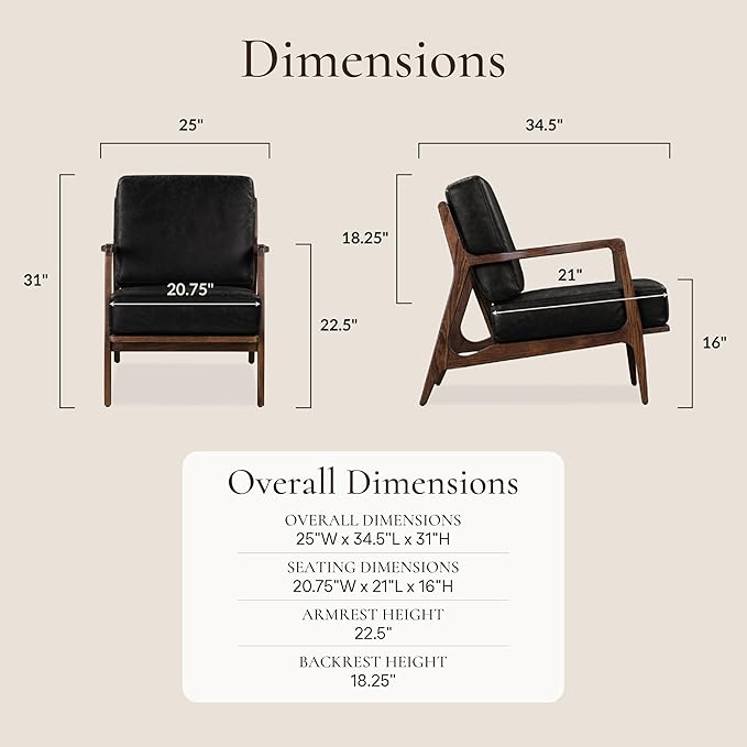 POLY & BARK Verity Leather Accent Chair – Armchair with Walnut Wood Frame – Fashion-Forward Lounge Seating for Living Room – Upholstered in Onyx Black Leather for Modern Style