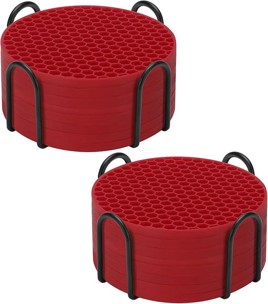 Silicone Coaster Set of 16 with Holder, Drinks Coasters, Suitable for Hot or Cold Cups, Anti-Slip, Non-Stick, Anti-Overflow Tabletop Protection and Decor (Wine Red, 16 Pcs)