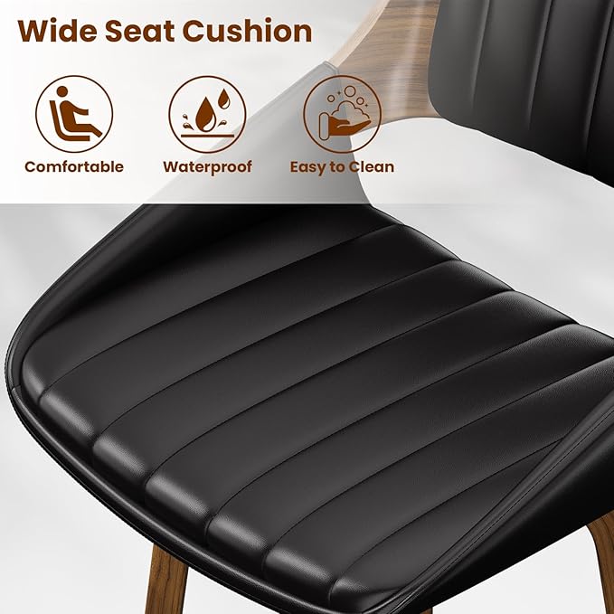 Bar Stools Set of 3, 26" Swivel Counter Height Barstools with Walnut Bentwood Back and Legs, Mid-Century Modern Faux Leather Upholstered Bar Chairs with footrest for Bar, Kitchen Island, café, Black