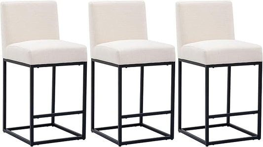 VESCASA 27" Counter Height Bar Stools with Padded Back, Modern Upholstered Counter Stool Chairs with Black Metal Frame for Kitchen Island, Set of 3, Linen Cream