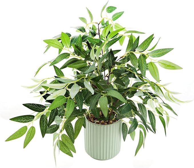 Small Fake Plants 16 Inch Eucalyptus Stems Artificial Plant in Offwhite Leather Woven Planter with Polished River Rocks Evergreen Faux Plant indoor for Home Bathroom Kitchen Decor (WILLOW-GREY)