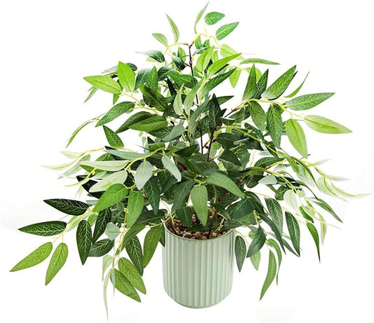 Small Fake Plants 16 Inch Eucalyptus Stems Artificial Plant in Offwhite Leather Woven Planter with Polished River Rocks Evergreen Faux Plant indoor for Home Bathroom Kitchen Decor (WILLOW-GREY)