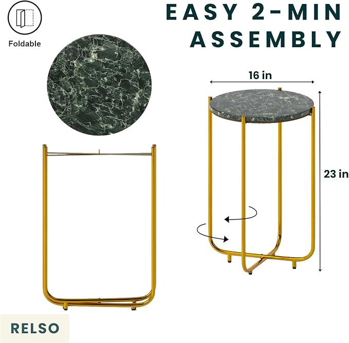Relso Urdhva End Table – 24" Tall Round Side Table with Real Green Marble Top & Gold Metal Frame | Luxury Accent Table or Plant Stand for Living Rooms, Modern Homes, & Small Spaces
