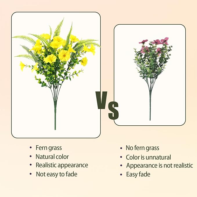 Artificial Flowers Outdoors 12 Bundles Yellow Artificial Petunias Fake Flowers UV Resistant Shrubs Plants with Fern for Indoor Outside Hanging Planters Home Garden Summer Decorations