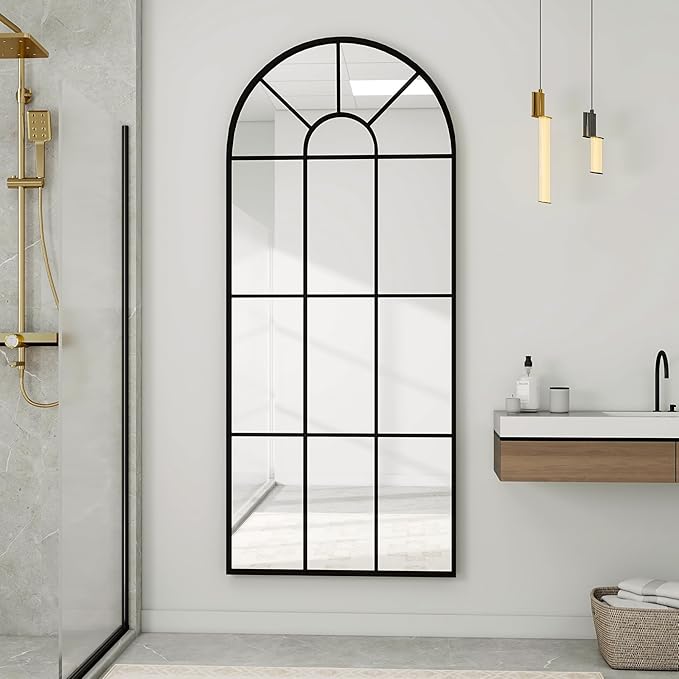 24"×65" Windowpane Arched Full Length Mirror, Grid-Designed Decorative Farmehouse Full Body Floor Mirror with Metal Frame Hanging Leaning for Entryway, Living Room, Home Decor, Black