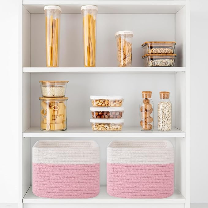 OIAHOMY 9”x9”x7” Storage Cubes, Cotton Rope Woven Baskets for Organizing, Cube Storage Bin, Small Gift Basket for Shelf, 3-Pack, Pink&White