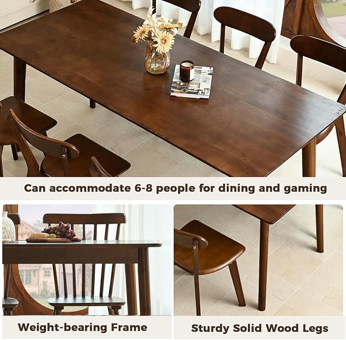 DELAVIN 70.8" Large Solid Wood Dining Table for 6-8 People, Mid Century Modern Rectangular Oak Kitchen Table, Farmhouse Dining Room Table, Easy Assembly, Walnut