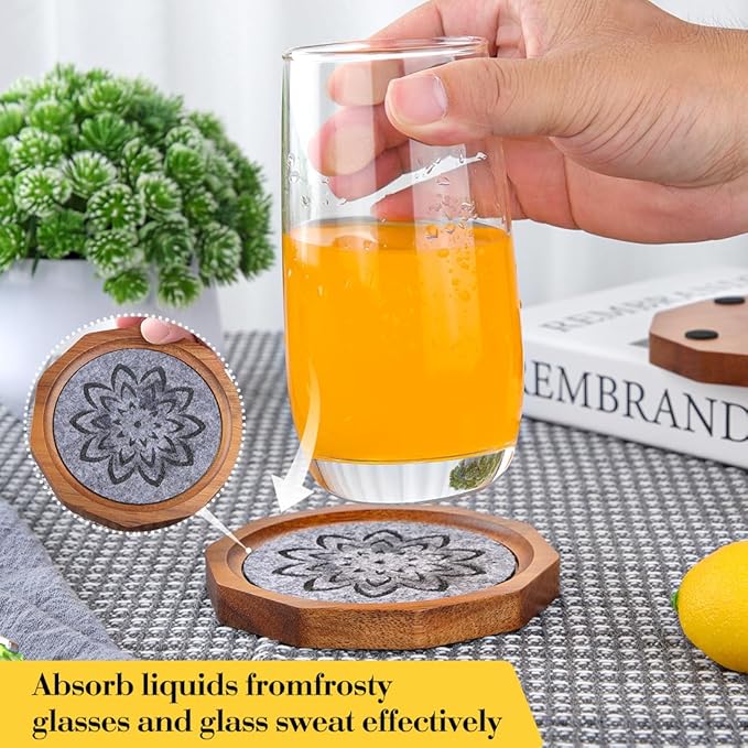 Wood Coasters for Drinks Absorbent with Lip, 4.3 Inch Acacia Wood Grey Felt Coaster with Holder for Wooden Coffee Table for Cups, Mugs, and Glasses - Set of 6