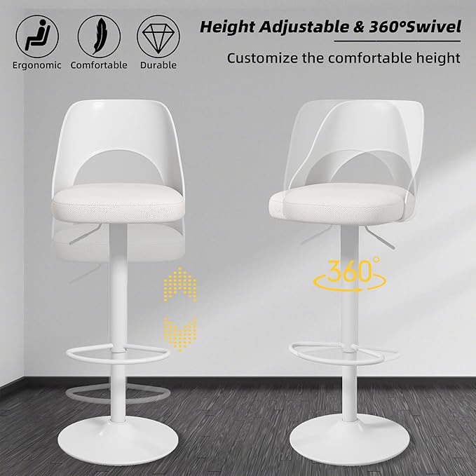 civama Bar Stools Set of 1 for Kitchen Counter, Seat Height Adjustable 25''-33'', Modern Upholstered Swivel Island Chairs with Hollow Backrest Metal Base, White Cotton Linen Fabric with White Base