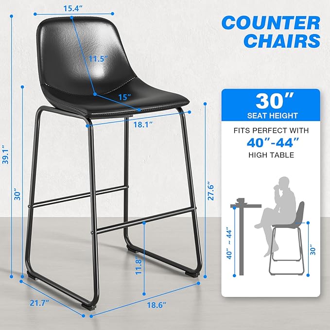 Rfiver Pu Faux Leather Bar Stools Set of 4, Industrial Pub Barstools with Back and Footrest, Modern Armless Bar Height Stool Chairs (Black, 30" Barstool x4)