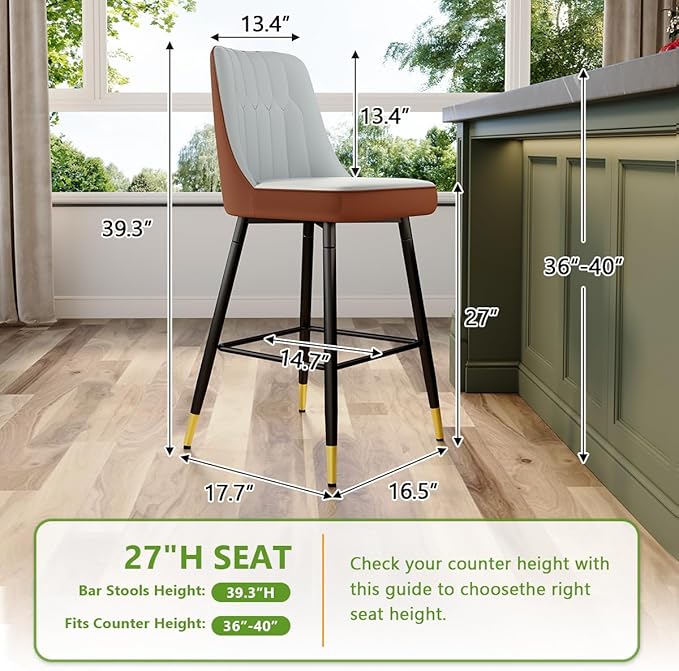 Grey Bar Stools Set of 6,27" Counter Height Bar Stools Set of 6,Faux Leather Counter Stools with Soft Padded Seat & Curved Backrest,Modern Kitchen Island Chairs for Dining Café