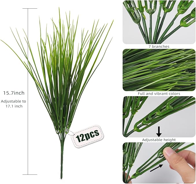 RECUTMS 12 Bundles Artificial Grasses Outdoor Plants Fake Wheat Grass Greenery Shrubs UV Resistant for Planters Wedding Indoor Outside Garden Porch Bathroom Home Office Window Box Decor(Green)