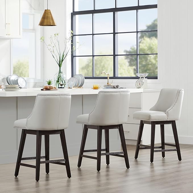 CHITA Counter Height Swivel Bar Stools Set of 3, FSC Certified Upholstered Counter Stools, Modern Swivel Barstools with Wood Legs for Kitchen Island, 26" Seat Height, Faux Leather in Creamy Grey
