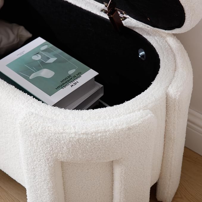 Modern Sherpa Storage Ottoman Bench for Bedroom 47.25 in Comfy Boucle Upholstered Entryway Bench with Storage for End of Bed/Living Room/Lounge/Window Corner, White