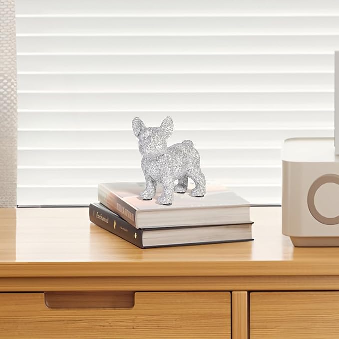 French Bulldog Statue,Resin Sparkly Frenchie Dog Sculpture Decor for Home Living Room Office Bedroom Shelf Desktop Decorations,French Bulldog Gifts for Men and Women,Silver