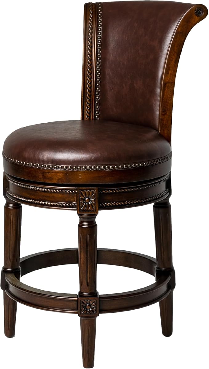 Maven Lane Pullman Counter Stool 26 Inches – Swivel Stool with Footrest – Brown Solid Wood Frame & Brown Faux Leather Upholstery – Perfect for Kitchen Islands & Counters