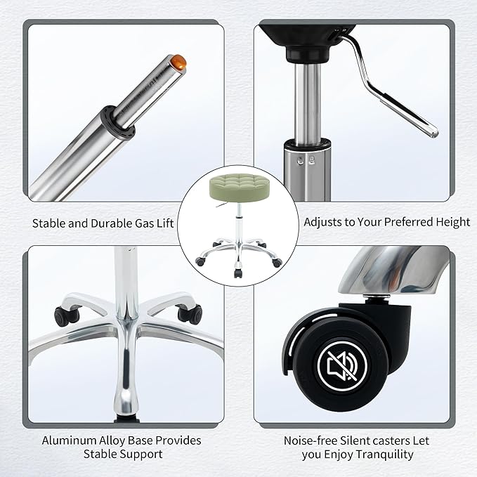 Rolling Stools with Wheels (Adjustable Height 20-27 inch) (Quiet Wheels and Aluminum Base) Multifunctional Nail Tattoo Vanity Massage Stool (Green)