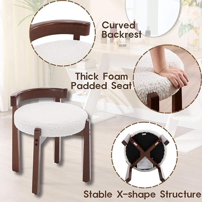 LukeAlon Cute Sherpa Upholstered Vanity Stool, Round Comfy Boucle Makeup Stool with Wooden Legs Small Ottoman Chair Modern Padded Seat Foot Rest for Makeup Room Cloakroom Bedroom, White