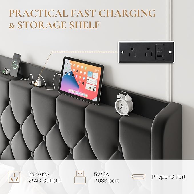 SHA CERLIN King Size Platform Bed Frame with Charging Station, Velvet Wingback Headboard with Storage Shelf, Wooden Slats Support, Ample Under-Bed Space, No Box Spring Needed, Easy Assembly, Black