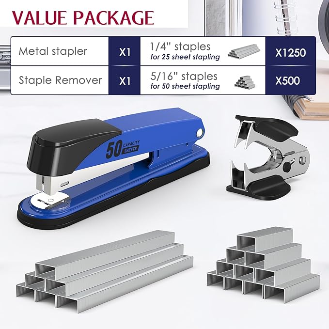 Metal Stapler Heavy Duty 50 Sheet Capacity with 1750 Staples and Staple Remover, Full Strip Staplers for Desk, No Jam, Non-Slip for Office & Classroom, Blue