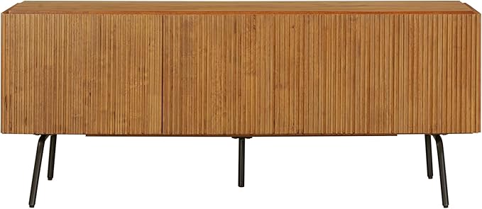 NTC Veil TV Stand with 3 Doors for TVs up to 60’’, Media Console with Vertical Groove Design and Metal Legs, Modern Entertainment Center for Living Room and Bedroom, Effortless Assembly, Teak Look