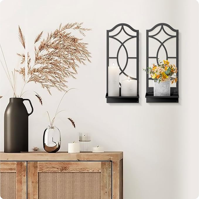 Candle Wall Sconces Set of 2, Black Metal Wall Art Decor for Living Room, Dining Room, Bedroom, Bathroom (16.5 x 7 in)