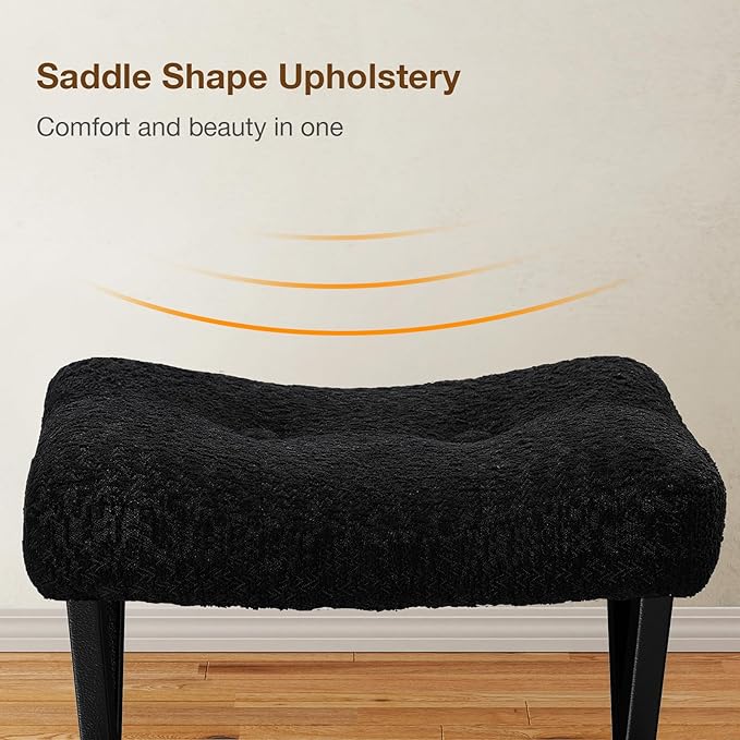 18-Inch Vanity Stool Chair, Vanity Bench with Metal X-Legs, Ottoman Accent Stool with Breathable and Soft Boucle Fabric Saddle Seat, Black