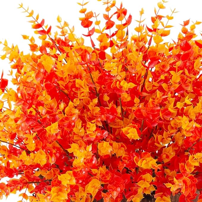 Artificial Fake Fall Autumn Eucalyptus Plants Flowers for Outdoor Outside Decoration, Faux Silk Orange Boxwood Look Real UV Resistant for Home Porch Patio Planter Decor，12 Bundles