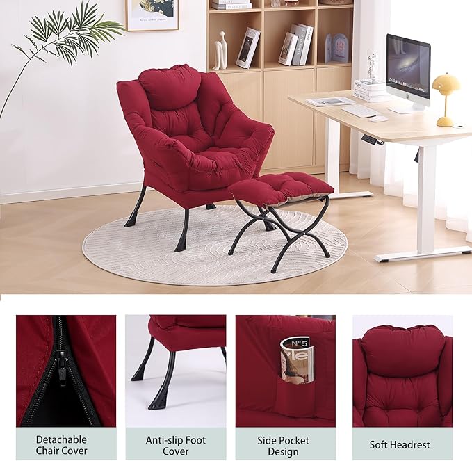 LITA Lazy Chair with Ottoman, Modern Accent Leisure Upholstered Sofa, Contemporary Lounge Reading Chair with Armrests and a Side Pocket for Living Room, Bedroom & Small Space, Burgundy