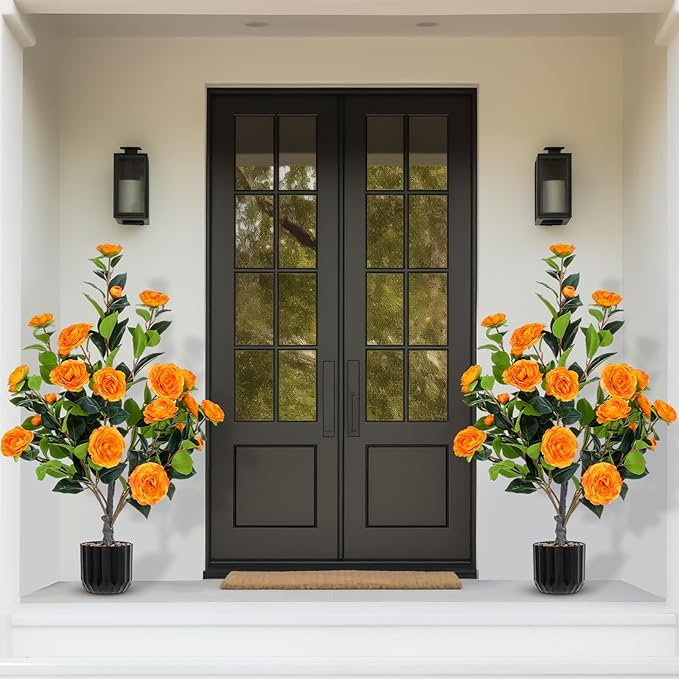 Jexine 2 Pack 36" Artificial Tree with Camellia, Fake Tree with 24 Blooming Flowers, Flower Plants Tree Faux Floral Plant Tree in Cement Pot for Indoor Outdoor Office Home Porch Decor (Orange, 36")