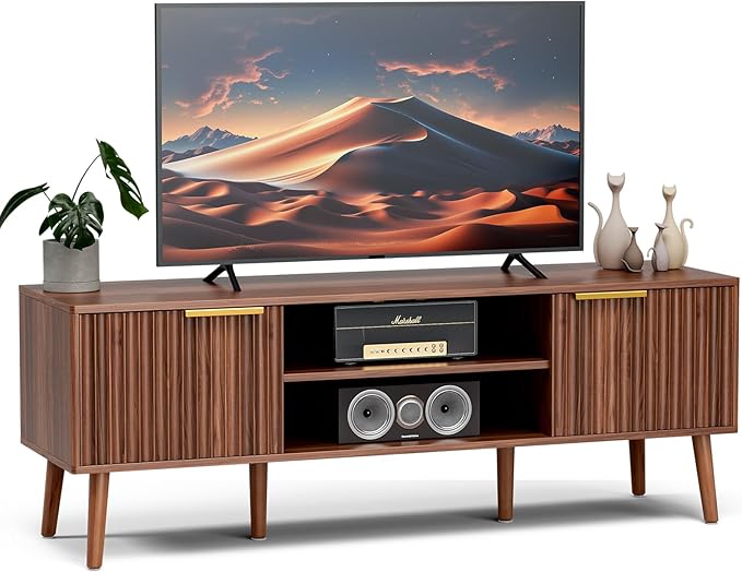 TV Stand for Living Room, Mid Century Modern Entertainment Center for 55/60/65 inch TVs, TV Console with Fluted Door Cabinets and Open Shelves, for Bedroom, Walnut