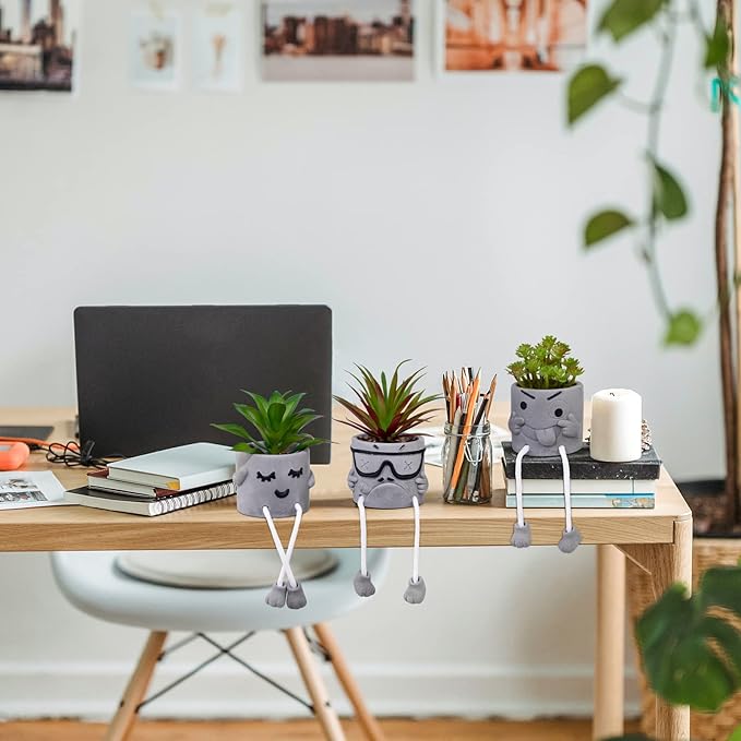 Set of 3 Artificial Succulents Potted Plants Faux Succulents Desk Decoration Fake Mini Plants in Grey Pots Faux Plants Kitchen Shelf Desk Decor Small Bathroom Decor for Shelves