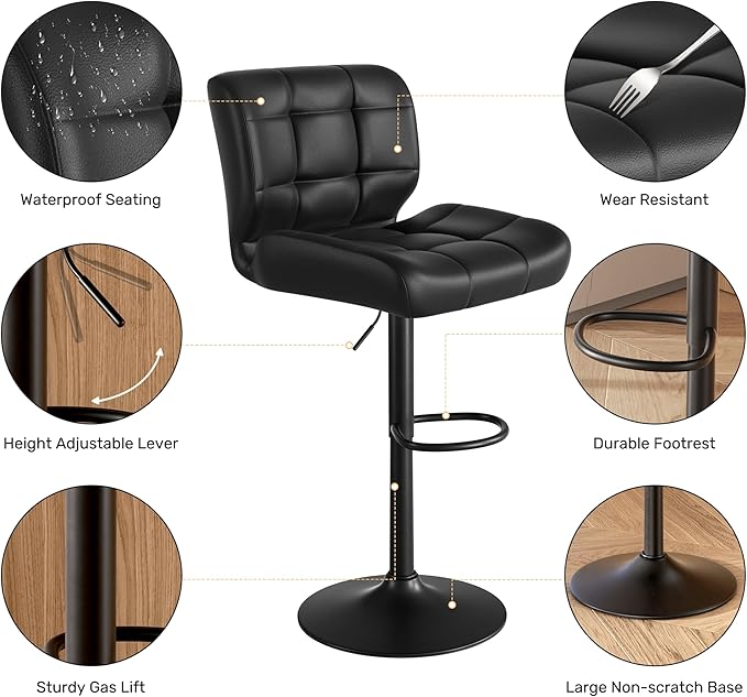 Modern Bar Stools Set of 2, Faux Leather Upholstered Swivel Bar Stools, Adjustable Counter Height Bar Chairs with High Back and Footrest for Kitchen Island (Black)