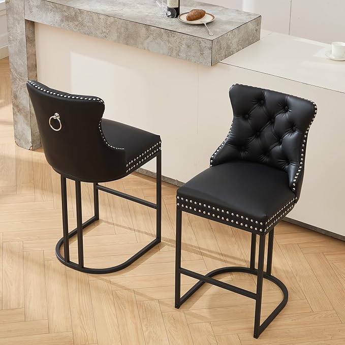 Counter Height Bar Stools Set of 3, 24" Modern Barstools with Back, Faux Leather Upholstery Counter Chairs with Metal Legs for Kitchen Island, Bar, Counter, Black
