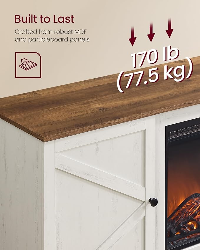 VASAGLE Fireplace TV Stand for TVs up to 65 Inches, 18-Inch ELectric Fireplace with Remote, Farmhouse Entertainment Center, Media Console Table for Living Room, Rustic White and Honey Brown ULTV540W01