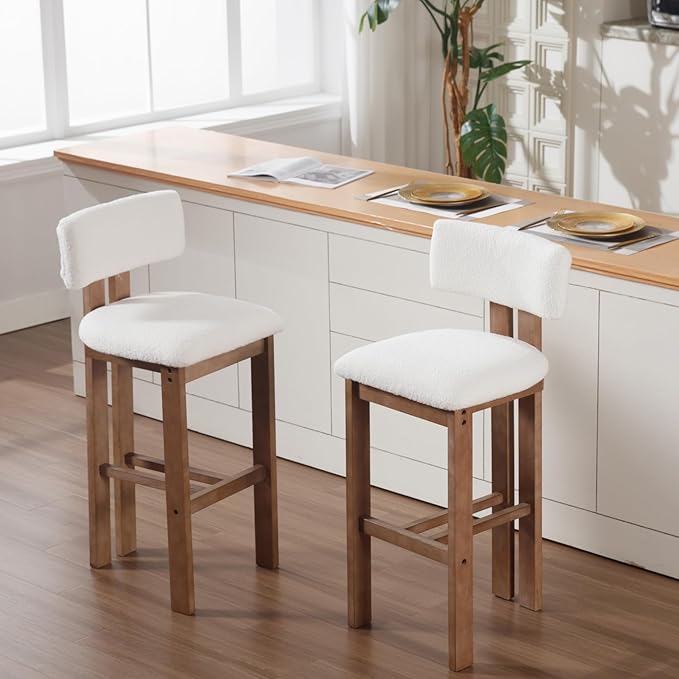 Upholstered Farmhouse Bar Height Bar Stools Set of 4 White Sherpa Barstools with Back/Solid Wood Legs, Modern Tall Bar Chairs for Kitchen Island/Home Bar/Pub, 30 Inch