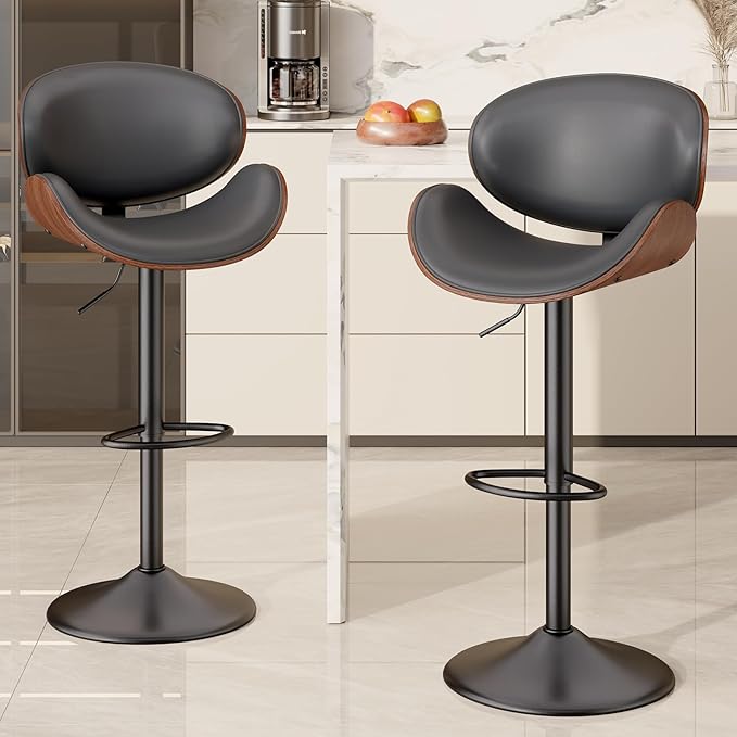 Swivel Bar Stools Set of 4, Seat Adjustable Height 23.5-32.5IN Bentwood Barstools with Back & Footrest, PU Leather Upholstered Counter Height Bar Chairs for Bar Kitchen, Grey&Brown